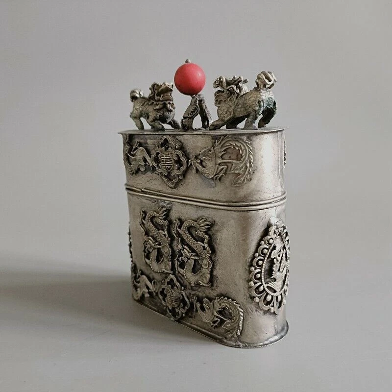 Exquisita caja de palillos de dientes antigua china Tíbet plateada tallada a mano dragón fénix 9049 Foto 4 de 4