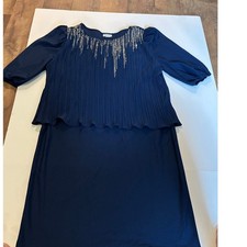 Sandi Dee Navy Blue Pleated Glitter Overlay Evening Dress 16W Made in USA