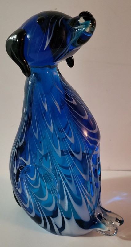 Art Glass Dog Figurine Blue With White Swirl Pattern