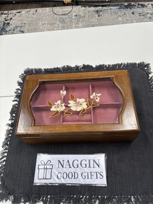 Mid Century Floral Glass Jewelry Box Pink Velvet Lined Wood Vanity Organizer