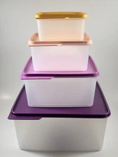 Tupperware Keeptabs 4-Container Stacking Food Storage Set, Multi Color Lids NIB