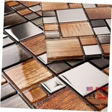Glass Mosaic Backsplash Tile, Glass Tiles 11.7x11.7 Inch Brown with Silver