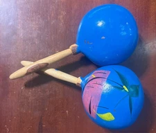 Vintage Pair Of Hand Painted Wooden Maracas Made From Gourds Mexico Blue