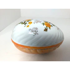 Norleans Japan Egg Shaped Trinket Box Dish /Porcelain Yellow Flower Vintage!