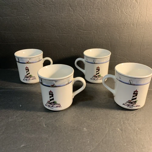 SET OF 4 TOTALLY TODAY  COASTAL LIGHTHOUSE  8 oz Capacity Coffee Mugs Cups  3.5"