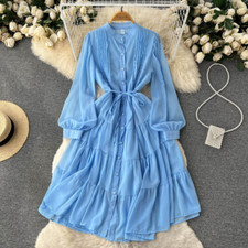 Women Shirt Dress Long Sleeve Ruched Thin Chiffon Midi Swing Party Elegant Sweet