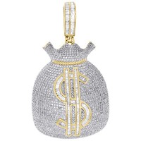 10K Gelbgold Baguette Diamant Herren Vereist Dollarzeichen Geld Tasche AnhäNger