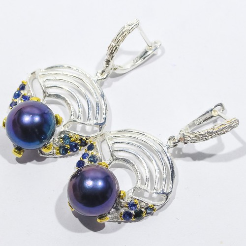 EarringsON HOLD Natural Pearl & Sapphire Multi Gold Tone Plated Sterling Silver - Picture 2 of 6