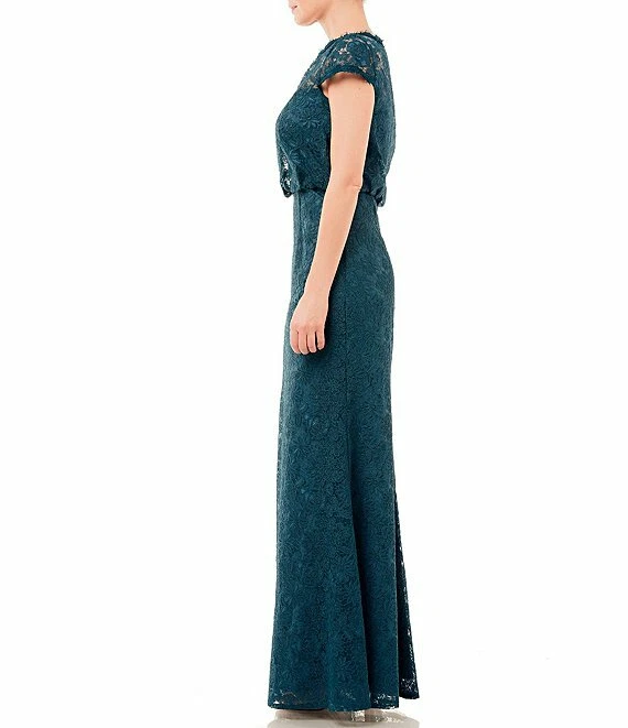 JS COLLECTIONS Teal Blue Embroidered Corded Lace Sheer Yoke Blouson Maxi Gown 10 - Image 3 of 3