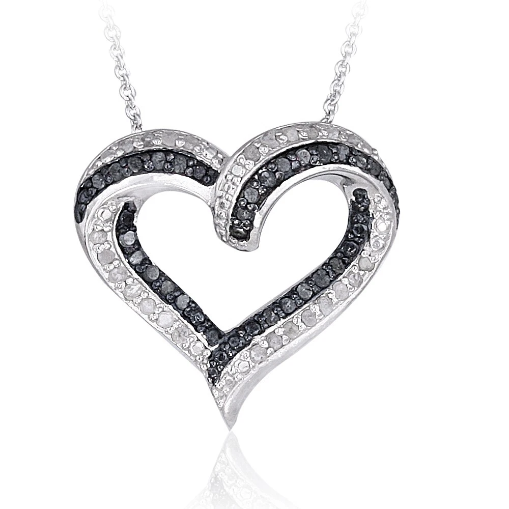 Black and white diamond open heart necklace Clearance