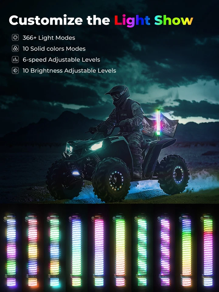 2FT COB Fat Whip Lights Spiral Chasing Lighted for Polaris Can-Am CFMOTO Yamaha - Image 3 of 4