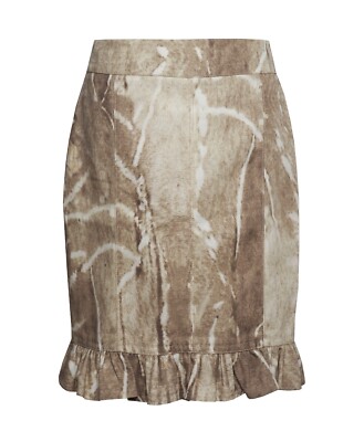 MAX MARA 2 Pencil Skirt Brown Beige Abstract Print Flutter Ruffle Hem Cotton EUC