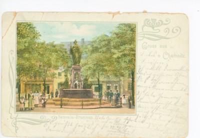 Gruss aus Chemnitz Saxonia-Brunnen Statue AK Antique Germany 1901