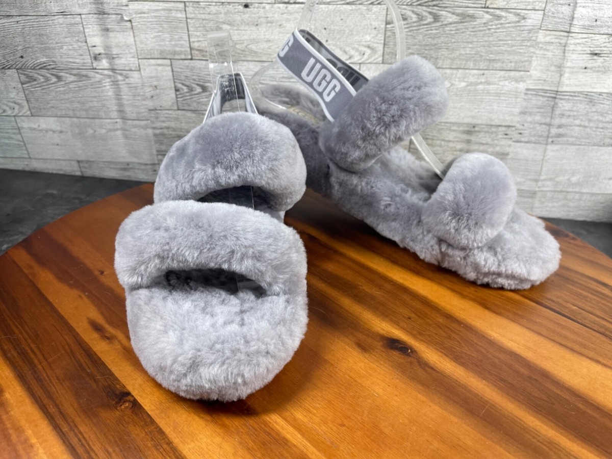 Ugg Slippers Women 11 M Oh Yeah Shoes Gray Fluffy Wool Slingback
