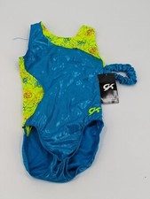 GK Elite Adult S AS NWT Gymnastics Leotard Blue with Neon Green Scrunchie NWT