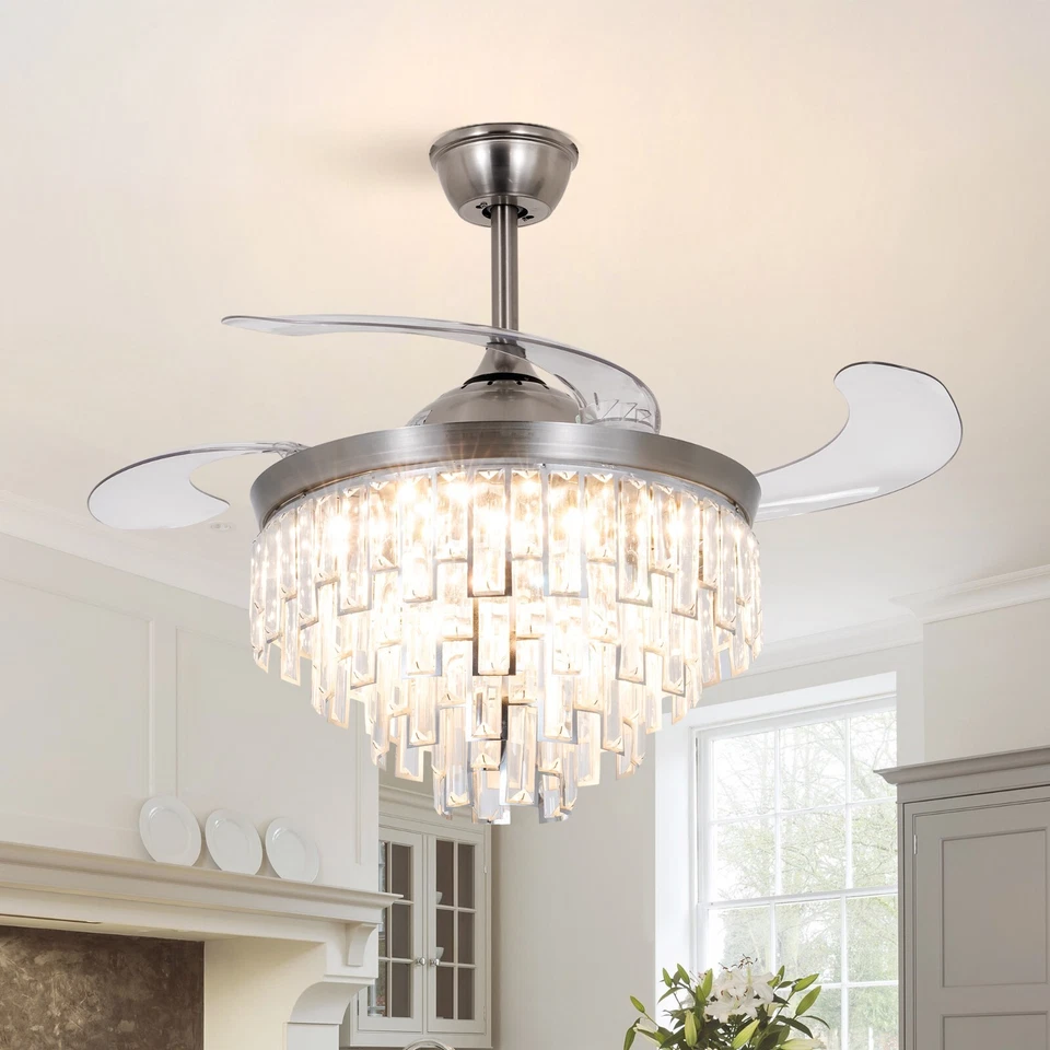 42" Chrome Crystal Chandelier Remote Retractable Ceiling Fan LED 3 Color 3 Speed - Image 2 of 4