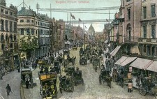 Horse & Carts & Coaches on a very busy Regent Street London.                 R42