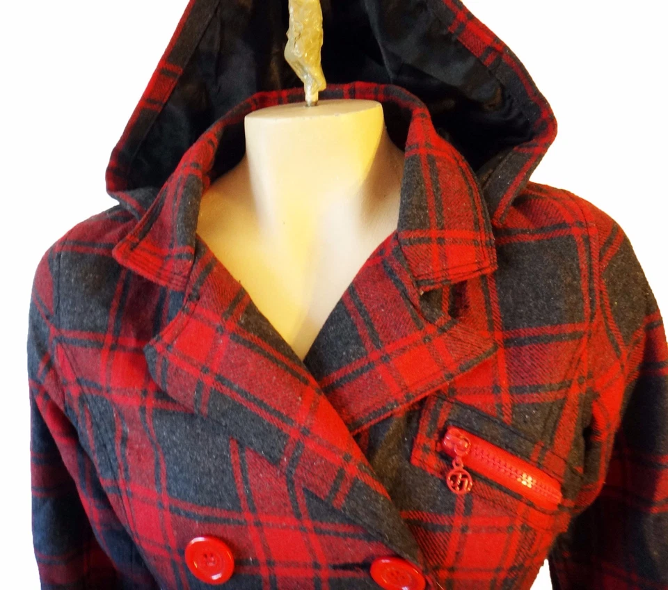 Chaquetón a cuadros de caza tartán rojo a cuadros capucha pequeña gris mezcla de lana punk joujou Foto 3 de 4