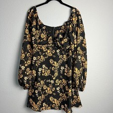 NWT Lulus Floral Print Flowy Tunic Long Sleeve Wired V-Neck Black Gold Sz S