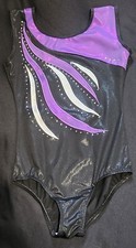 Vogue Fashion Gymnastics Leotard Black Purple Flames Foil Sequins Size 10