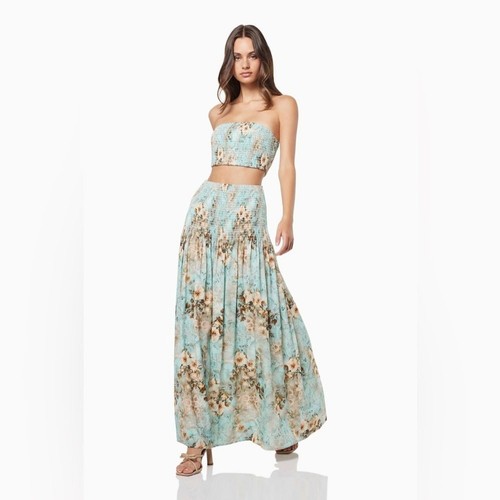 Elliatt Blue Floral Multi Caroling linen Two Piece Set Tube Top & Maxi Skirt (S)