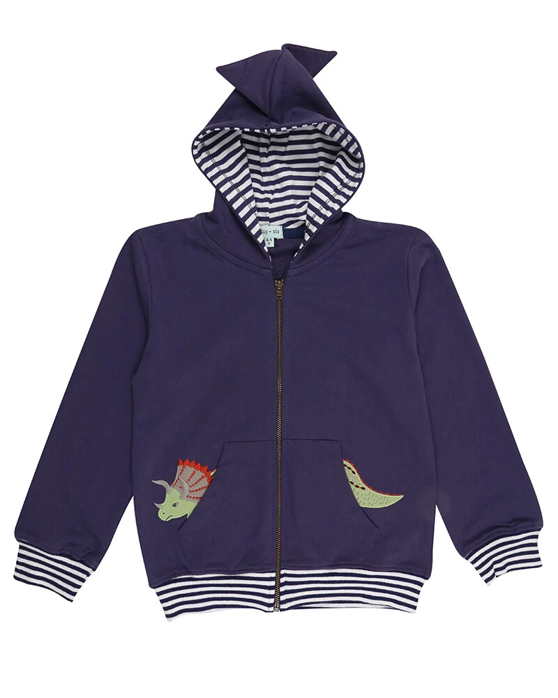 Lilly and Sid Navy Blue Hoodie with Dinosaur Appliqué Pockets and Spiked Hood