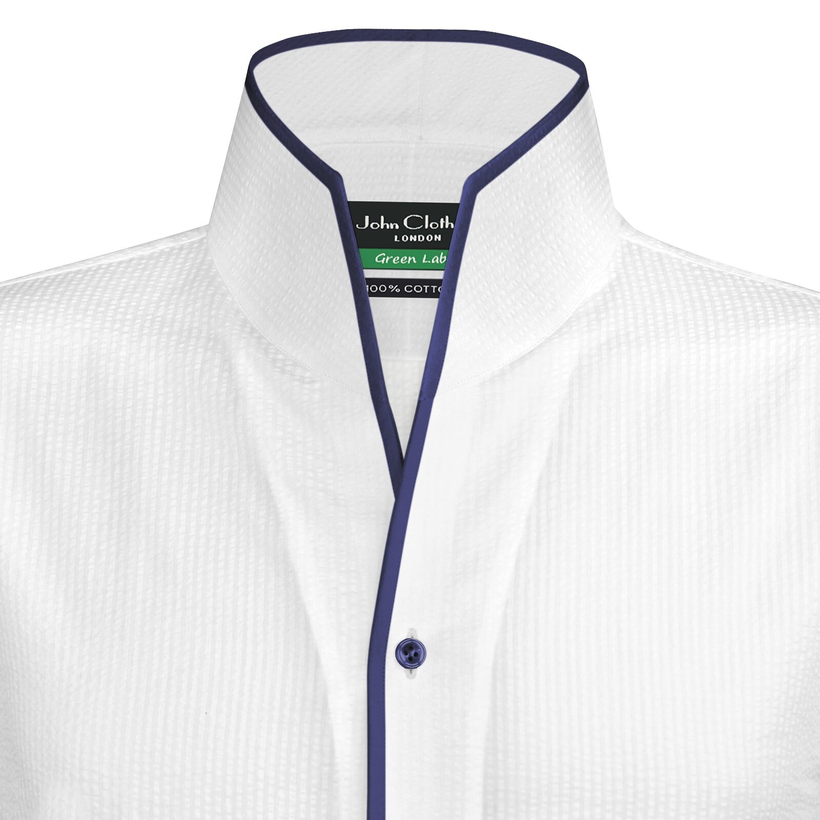 Karl Lagerfeld Men's High Open V Collar White Seersucker Shirt Navy Blue Piping image 8