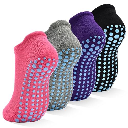 Grips Non Slip Socks for Women, 4 Pairs 5-8 #1 Black + Gray + Pink + Purple