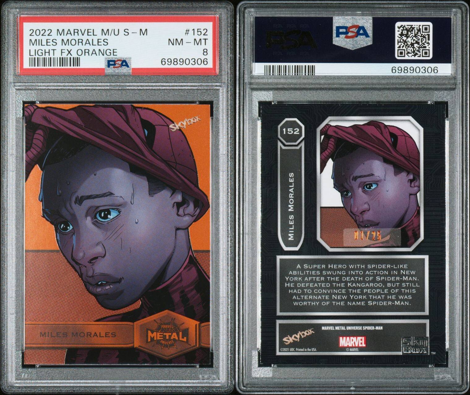 2022 Marvel Metal Spider-Man Miles Morales #152 Light F/X Orange 1/25 PSA 8