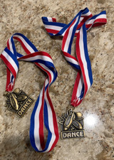 Lot of 2 Dance medal awards on red white and blue ribbons Crown Trophy brand