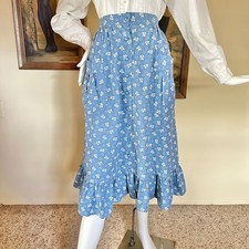 Vintage 1970s Blue Floral Home Spun Prairie Skirt Cottagecore Peasant Midi S/M