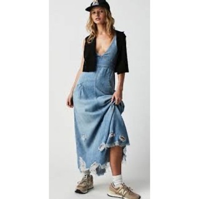 Free People We The Free Blue Denim Distressed Maxi Dress V-Neck Small | eBay Free People We The Free Blue Denim Distressed Maxi Dress V-Neck Small | eBay
