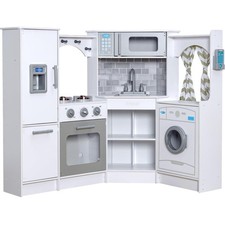 Kids Wooden Play Kitchen with Lights Sounds Realistic Corner Storage