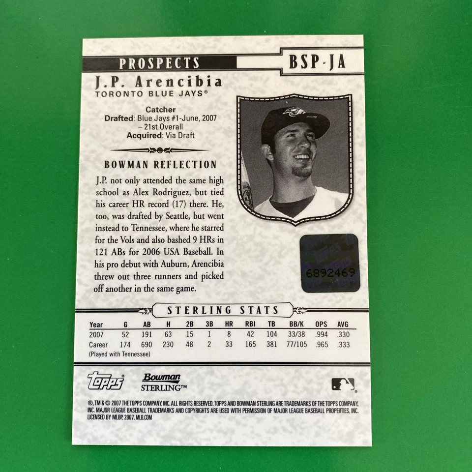 J.P. Arencibia 2007 Bowman Sterling Prospect RC Auto Card #BSP-JA - Image 2 of 2
