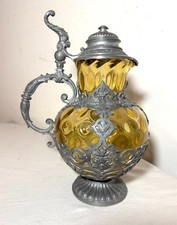 antique ornate 19th century German blown amber glass pewter carafe decanter ewer