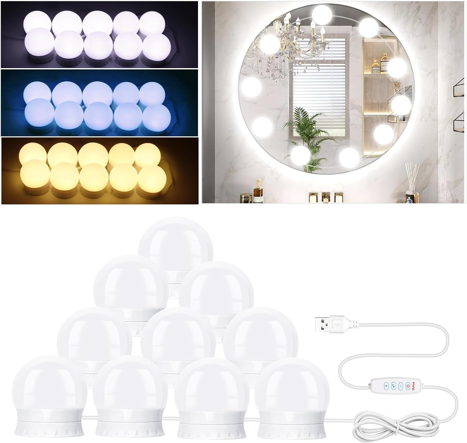 Luci Specchio Da Trucco 10 LED Hollywood 3 Modalità Colore USB per Cosmetica E B