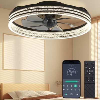 Ceiling Fan 20 Inch Black Stripe Flush Mount Remote Control LED Light FLC20BWBS1