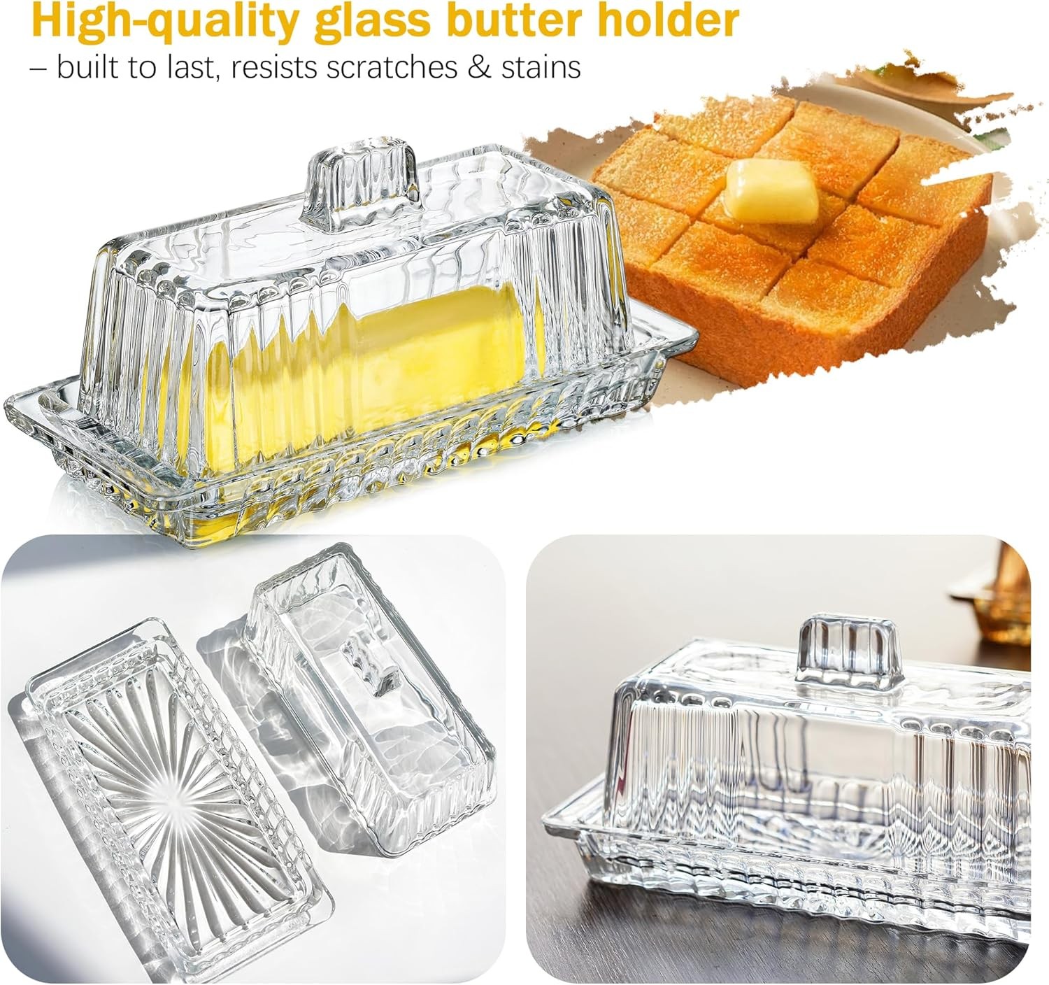 kanpura Butter Dish with Lid for Countertop, 8 x 3.5 x 3inch,Clear, Clear 