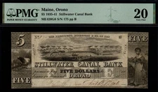 SCARCE 1841 $5 STILLWATER CANAL BANK, Orono, ME Broken Banknote!