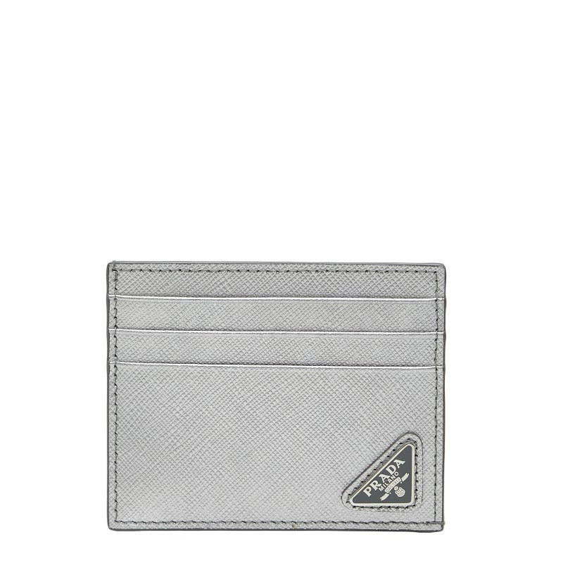 Prada Triangular Logo Plate Silver Leather Card C… - image 1