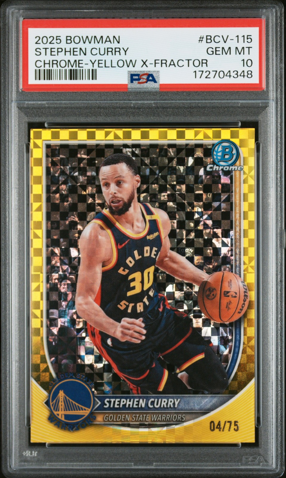 2025 BOWMAN CHROME-YELLOW X-FRACTOR #BCV-115 STEPHEN CURRY 4/75 PSA 10