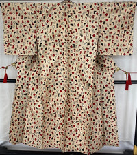 Japanese Vintage Kimono Silk Beige Tumugi Traditional Authentic Length 56 in