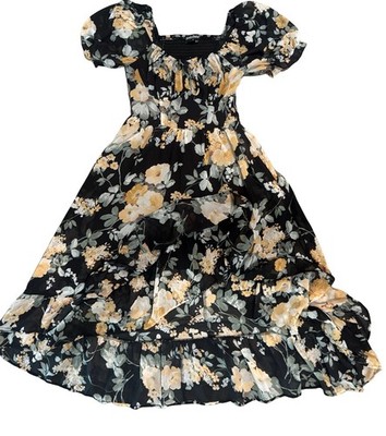 Scarlet Darkness Tired Maxi Dress Sz S Black Floral Boho Whimsigoth Puff Sleeves