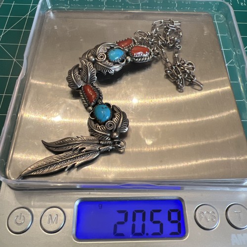 Vintage Native American Sterling Turquoise & Coral Feather 17.5” Necklace Signed - Picture 11 of 11