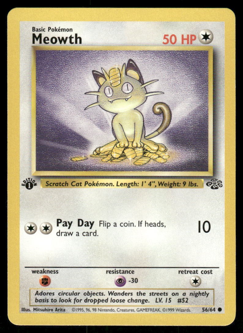 Pokemon Cards Meowth 56/64 1ST EDITION Jungle Common NM