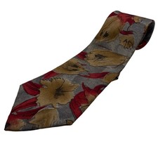Geoffrey Beene Mens Silk Tie Red Gold Grey Abstract Floral Made in USA 100% Silk