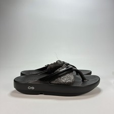 Oofos Oolala Black Glossy Comfort Recovery Slide Thong Sandals Womens Size 10