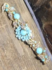 Miriam Haskell Signed Vintage Gold Tone Floral Brooch Pin, Blue Glass Cluster