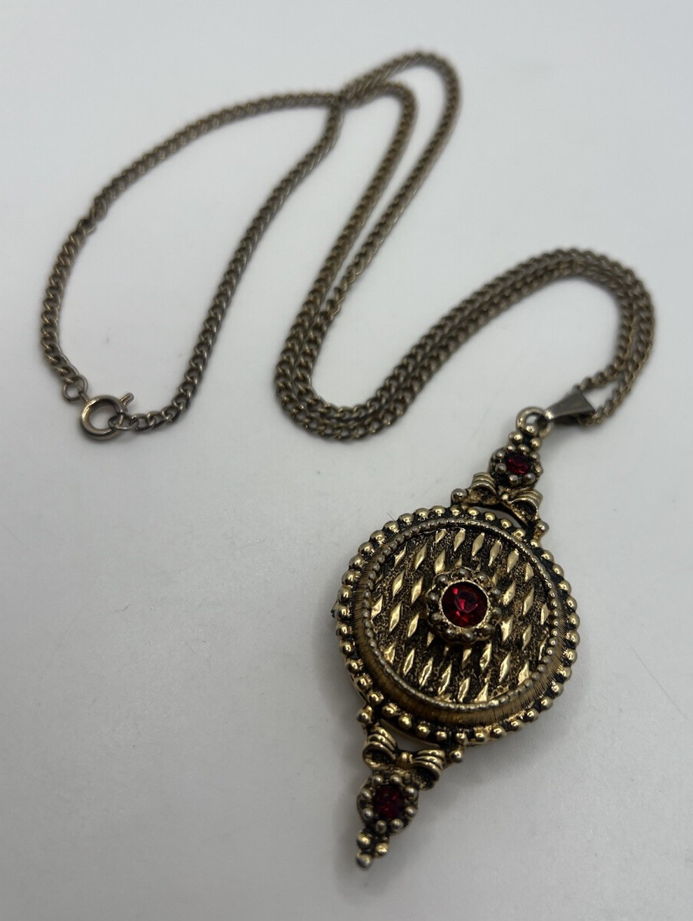 Vintage Antiqued Gold Tone Faux Red Ruby Art Nouveau Perfume Locket Necklace