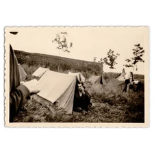Snapshot Photo of Man Poking Out of His Tent - 1940s Men Camping in a Field
